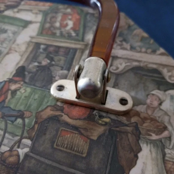 Vintage Victorian Decoupage Lucite Wood Tone Handle Trinket Box Handbag Purse - Picture 11 of 15